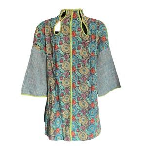 Nuvula Womens Floral Cutout Mini Dress 3/4 Sleeve Mock Neck Size S Blue